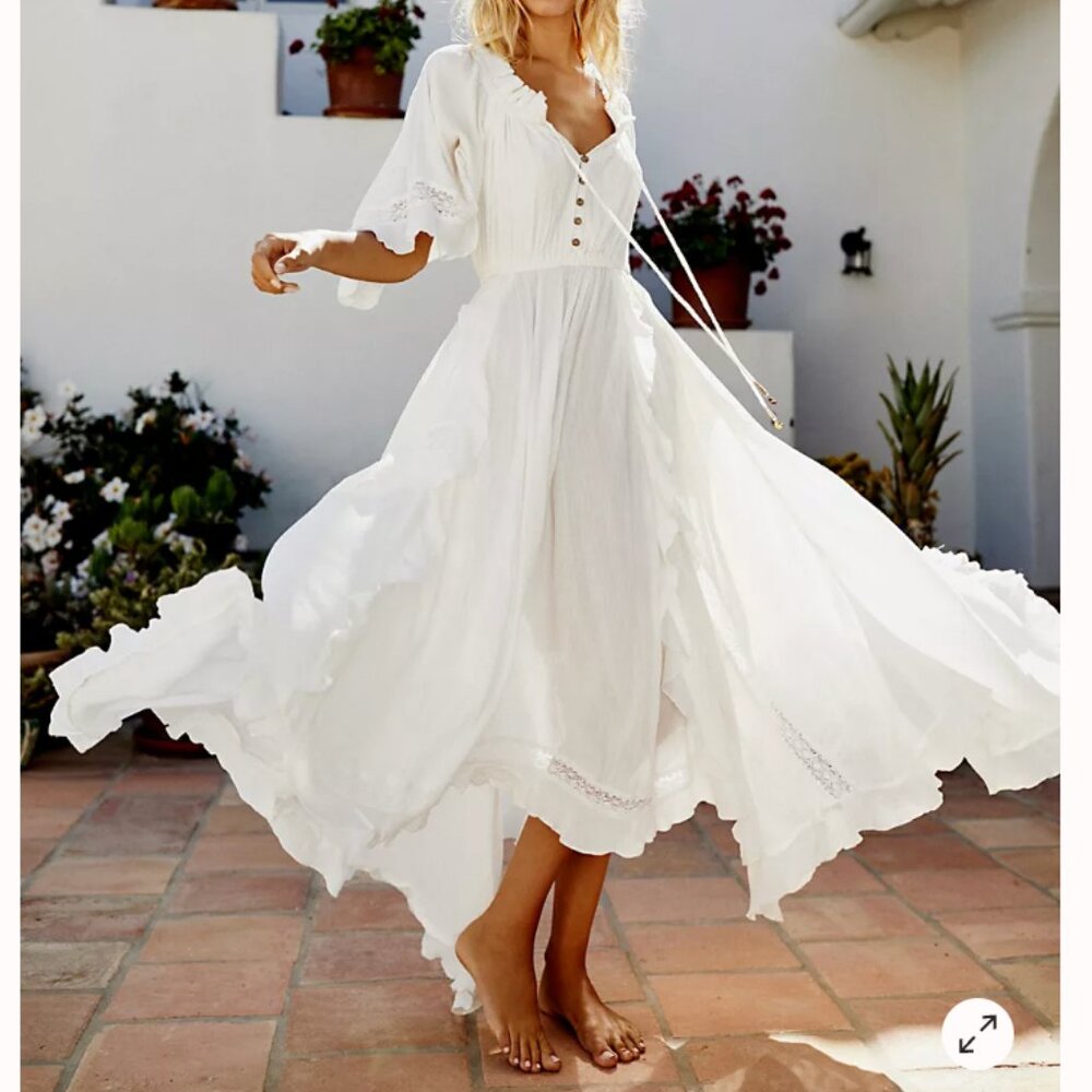 Free People Beach Bliss Maxi Dress XS Ivory Crinkly Flowy Boho V Neck Button